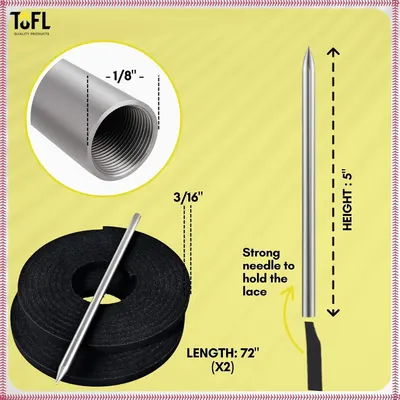 Communicates the exact physical dimensions of the needle and laces so customers can confirm the product will fit their needs.