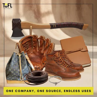 Demonstrates the product's versatility by showing it can be used for various leather goods (gloves, boots, bags, axe handles, etc.), not just baseball gloves.