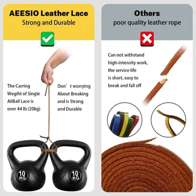 Demonstrates the superior strength and durability of AEESIO leather lace compared to competitors' poor-quality leather rope, showing it can withstand over 44…
