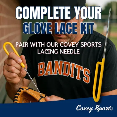 Highlights that the product pairs with a lacing needle to complete the glove lace kit, offering convenience and a complete solution.