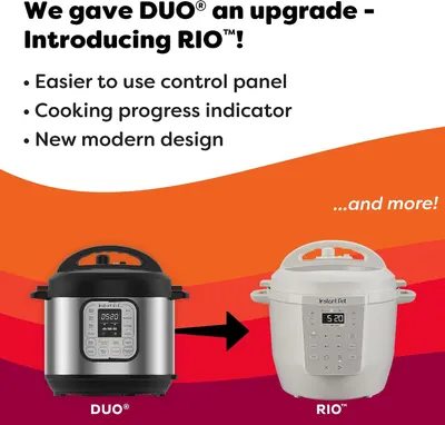 Communicates the brand's product evolution from DUO to RIO, highlighting improvements like easier control panel, cooking progress indicator, and modern design…