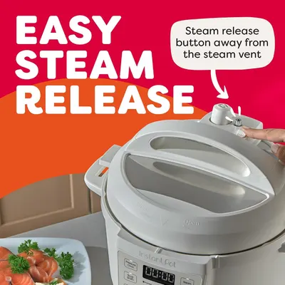 Highlights the safety and convenience of the steam release button being positioned away from the steam vent, reassuring shoppers about safe and easy operation.