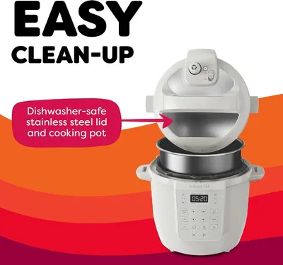 Highlights the dishwasher-safe stainless steel lid and cooking pot to reassure shoppers that cleanup is easy and convenient. Communicates the ease of cleaning…