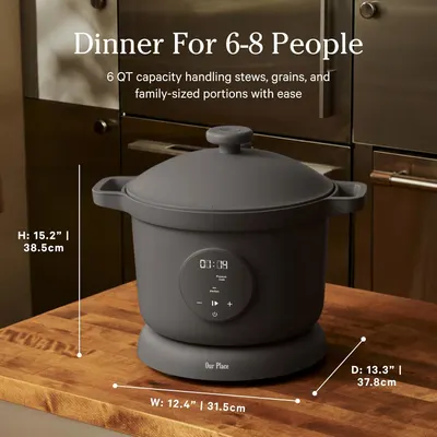 Highlights the product's large 6-quart capacity to reassure shoppers it can handle family-sized meals for 6-8 people. Shows the exact physical dimensions (height, width, depth) so shoppers can…