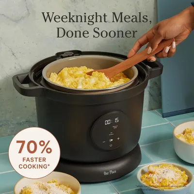 Highlights the product's speed advantage with a bold performance stat to appeal to busy shoppers looking for time-saving cooking solutions. Communicates the key benefit of faster meal preparation…