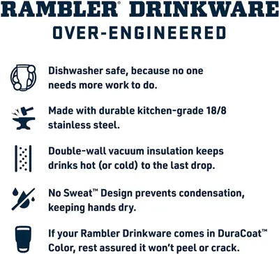 Communicates multiple key selling benefits of the Rambler drinkware in a segmented layout, including ease of cleaning, material quality, temperature…