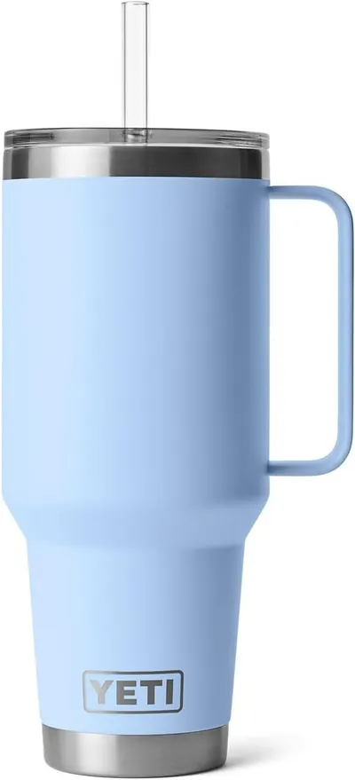Provides a clean, catalog-style product image showing the drinkware tumbler with handle and straw on a pure white background with no text or design elements.