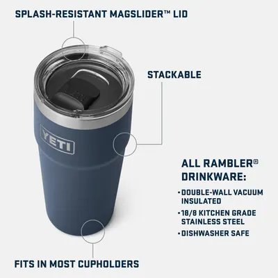 Highlights the physical components and design features of the Rambler drinkware, including the MagSlider lid, stackability, cupholder fit, and material…