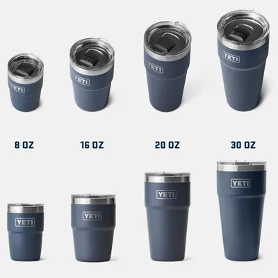 Displays the full range of Rambler drinkware size options (8 oz, 16 oz, 20 oz, 30 oz) to help shoppers choose the right size for their needs.