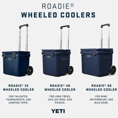 Showcases the Roadie Wheeled Coolers product line with three size options to help shoppers choose the right model for their needs.