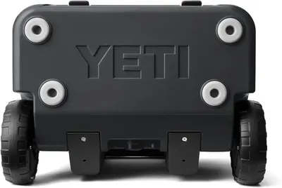 Displays the underside of the cooler showing the wheel configuration and base on a white background.