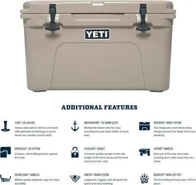Displays nine distinct product features in a segmented grid layout with icons and descriptions, communicating the cooler's comprehensive design advantages…