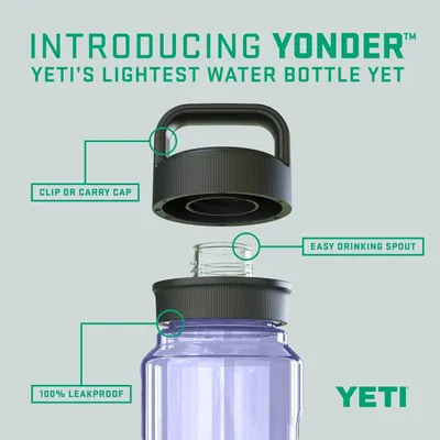Breaks down the physical components and features of the Yonder water bottle, highlighting the clip/carry cap, easy drinking spout, and leakproof design to…