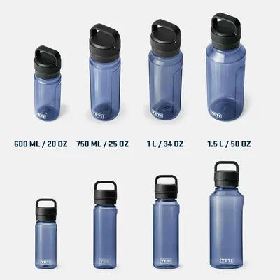 Displays the full range of size options available in the Yonder water bottle line, from 600 ML to 1.5 L, helping shoppers choose the right capacity for their…