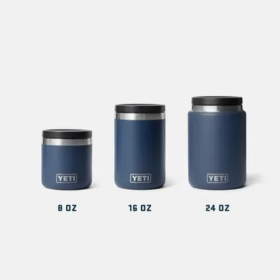 Displays the three available size options (8 oz, 16 oz, 24 oz) from the YETI Rambler food jar product line to help shoppers choose the right capacity for…