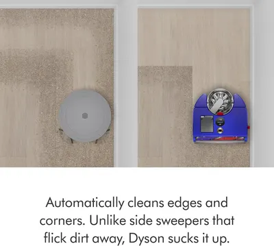 Compares Dyson's suction-based edge cleaning against generic side sweepers, demonstrating superior corner and edge cleaning performance to establish competitive advantage. Highlights the product's…