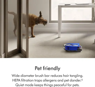 Reassures pet owners that the vacuum is designed for homes with pets, featuring hair tangle reduction, allergen filtration, and quiet mode for pet comfort.