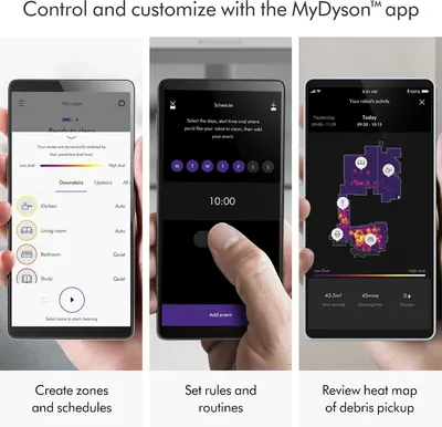 Explains how to use the MyDyson app to control and customize the robot vacuum, including creating zones, setting schedules, and reviewing cleaning activity. Showcases multiple app features in a…