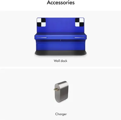Shows the accessories included with the robot vacuum purchase: a wall dock for storage and charging, and a charger, so customers know what comes in the box.