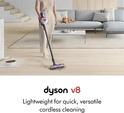 Communicates that the Dyson v8 is lightweight and cordless, making it quick and versatile for cleaning throughout the home.