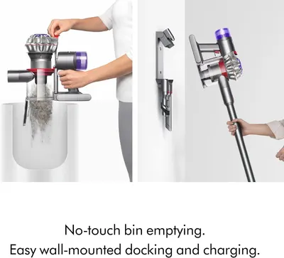 Showcases two distinct convenience features: hygienic no-touch bin emptying and easy wall-mounted storage with integrated charging.
