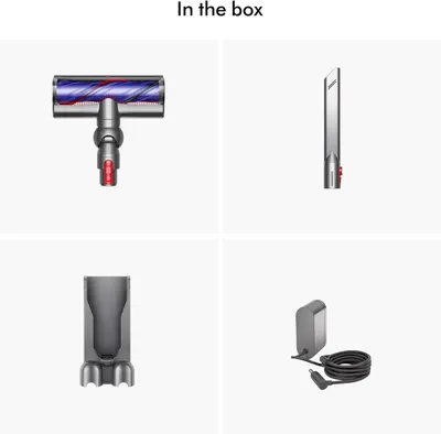 Shows all the accessories and components included in the box with the Dyson v8 vacuum purchase.