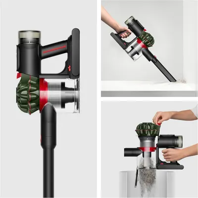 Demonstrates multiple product benefits through segmented visuals: the internal design, handheld versatility, and hygienic bin-emptying mechanism.