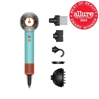 Shows the hair dryer and all included attachments the customer receives, while highlighting the Allure Best of Beauty 2024 award to build credibility and trust. Displays third-party recognition from…