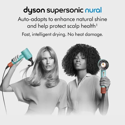 Highlights multiple key benefits of the Dyson Supersonic Nural hair dryer including intelligent auto-adaptation, shine enhancement, scalp protection, and fast…
