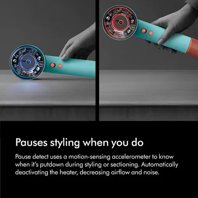 Demonstrates the intelligent pause detection feature that automatically reduces heat and airflow when the dryer is put down, emphasizing convenience and…