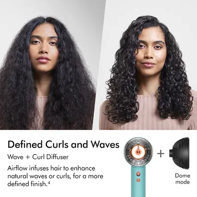 Visually demonstrates the transformation from frizzy, undefined hair to smooth, defined curls achieved using the Wave+Curl Diffuser in dome mode.