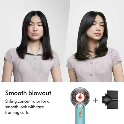Demonstrates the transformation achieved using the styling concentrator attachment, showing how the product creates a smooth, face-framing blowout with…
