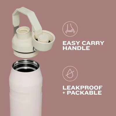 Showcases two distinct benefits in a segmented layout: portability via the carry handle and reliability through leakproof, packable design.