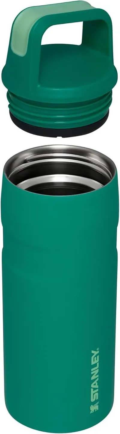 Shows the internal construction and component parts of the bottle, including the threaded cap and stainless steel lining, to communicate build quality and…