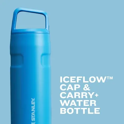 Highlights the IceFlow cap design and carry handle as key features that make the bottle convenient and portable.