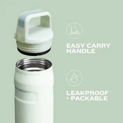 Showcases two distinct benefits in a segmented layout: portability via the carry handle and leakproof design for travel convenience.