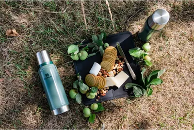 Shows the thermos in a natural outdoor picnic setting to help shoppers envision using it for outdoor meals and adventures.