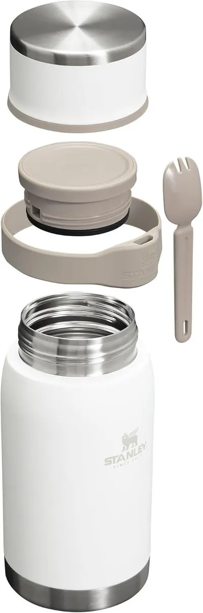 Shows all the components included with the product (thermos, lid, spork, and additional container) to help the shopper understand what they will receive in the package.