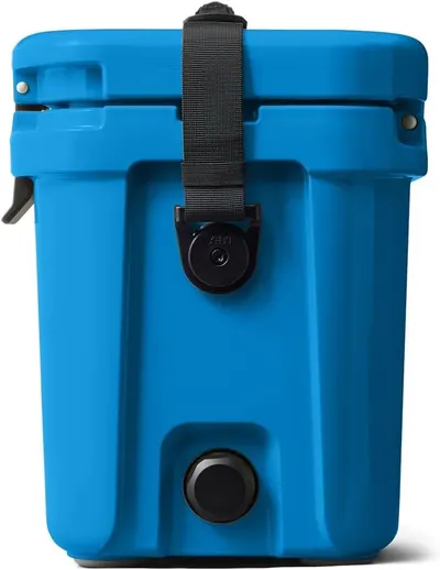 Displays the front of the cooler showing the carrying strap attachment and drain plug, helping shoppers see key functional components of the product.