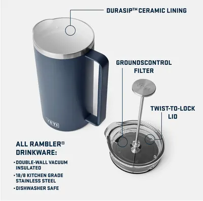 Breaks down the physical components and construction features of the coffee press to show shoppers what the product is made of and how it is built for quality…
