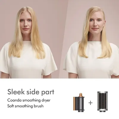 Demonstrates the transformation from unstyled to sleek side part hair using the Coanda smoothing dryer and soft smoothing brush.