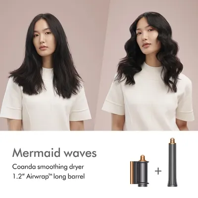 Shows the before and after transformation to achieve mermaid waves using the Coanda smoothing dryer and long barrel attachment.