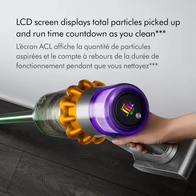 Highlights the LCD screen feature that displays total particles picked up and run time countdown, reassuring shoppers of smart monitoring and transparency…