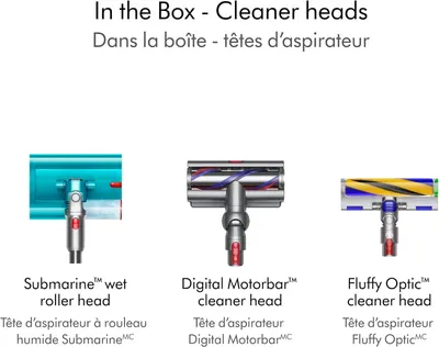 Shows all the cleaner heads included in the box so shoppers understand what accessories they receive with their purchase.