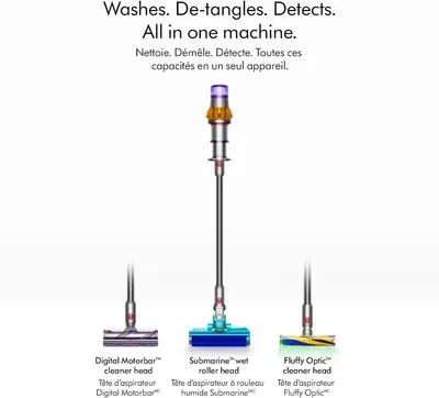 Demonstrates the multiple cleaning capabilities of the vacuum with different cleaner heads, reassuring shoppers that one machine handles washing, detangling,…