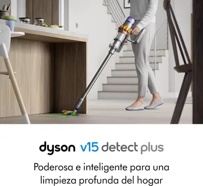 Introduces the Dyson v15 detect plus product line with brand messaging emphasizing powerful and intelligent whole-home deep cleaning.