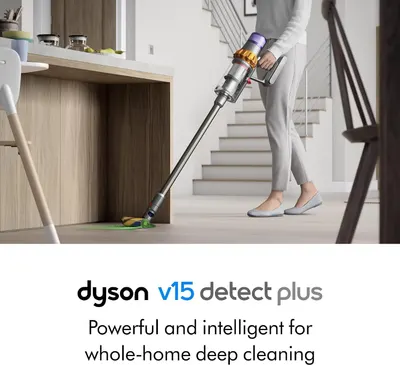 Reinforces the Dyson v15 detect plus brand identity with messaging about powerful and intelligent whole-home deep cleaning.