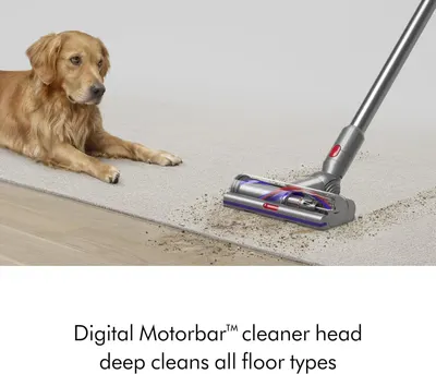 Highlights the Digital Motorbar cleaner head's ability to deep clean all floor types, including pet hair removal.
