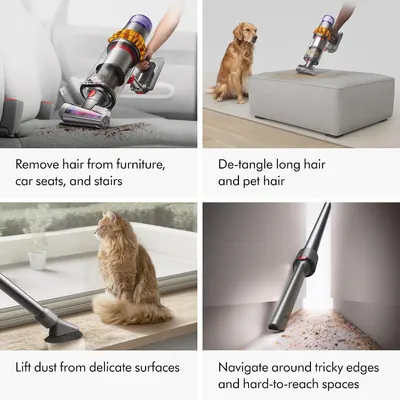 Demonstrates the vacuum's versatility across four different cleaning scenarios including furniture, pet hair removal, delicate surfaces, and tight spaces.