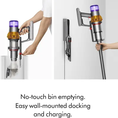 Demonstrates the convenience of hygienic, no-touch bin emptying and the ease of wall-mounted storage with integrated charging, reassuring shoppers about…